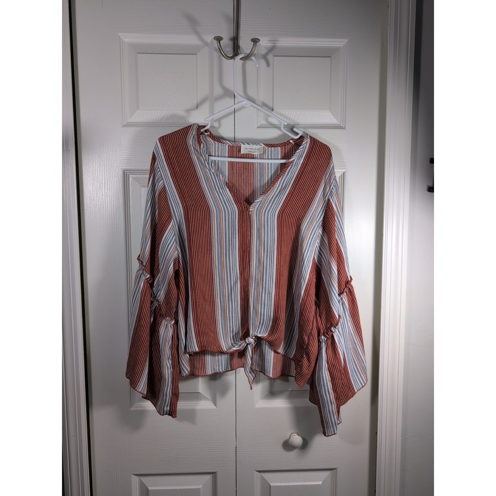 Lavender Field Striped Front Tie Bell Sleeve‎ Blouse Rust White Size L